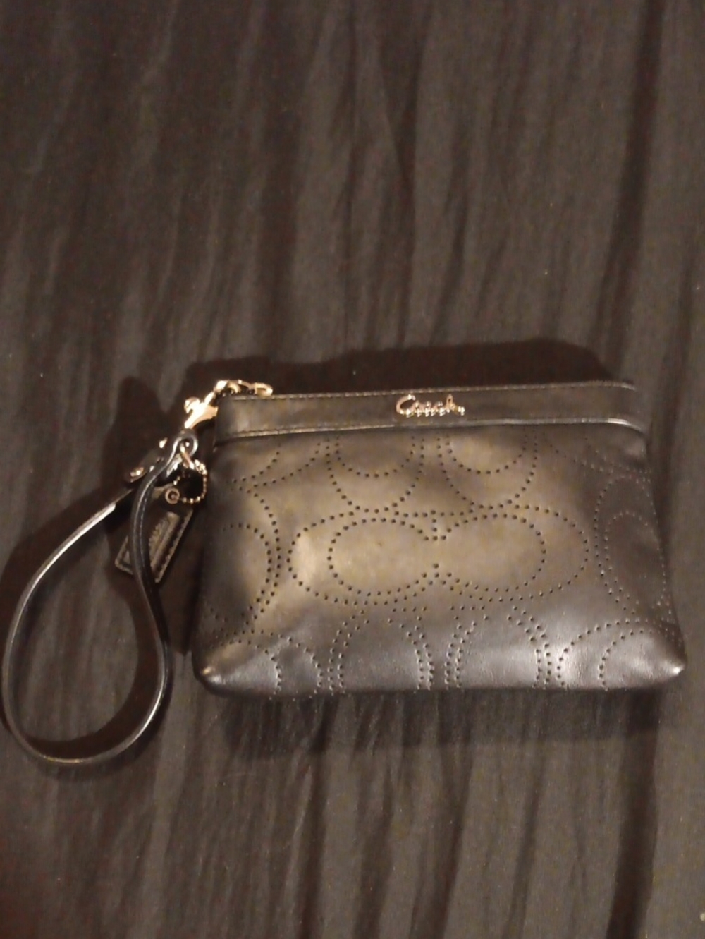 Coach Black Perforated Leather Wristlet Clutch with Silver Logo